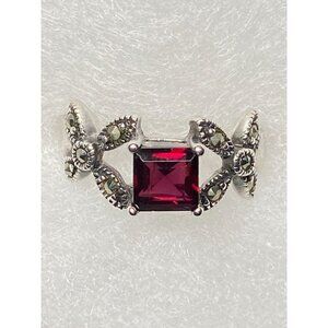 FAS 925 Vintage Deep Pink Square Cut Tourmaline Ring SZ 6 with Marcasite Flowers